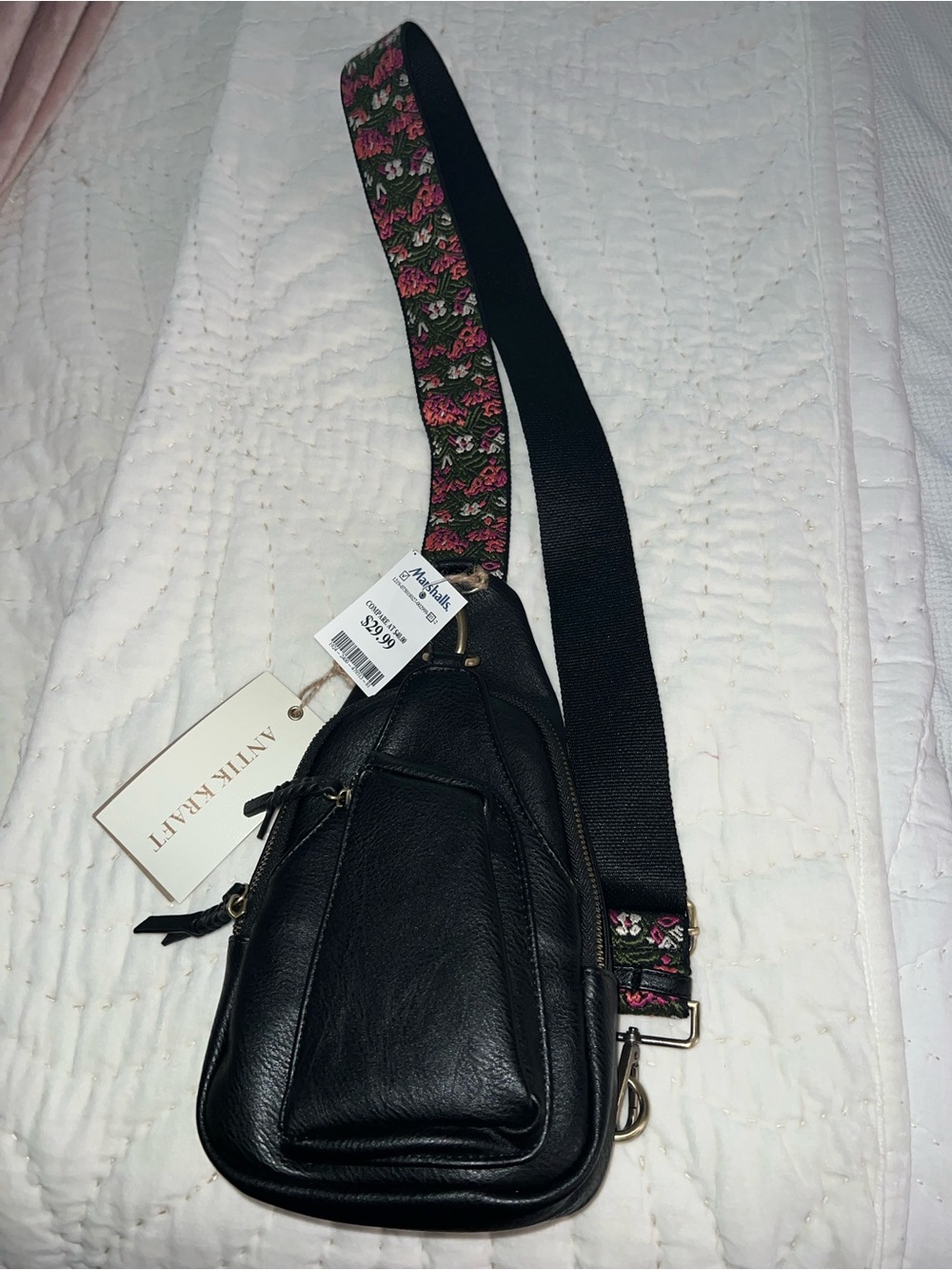 Black faux Leather Crossbody Sling Bag with Floral Strap